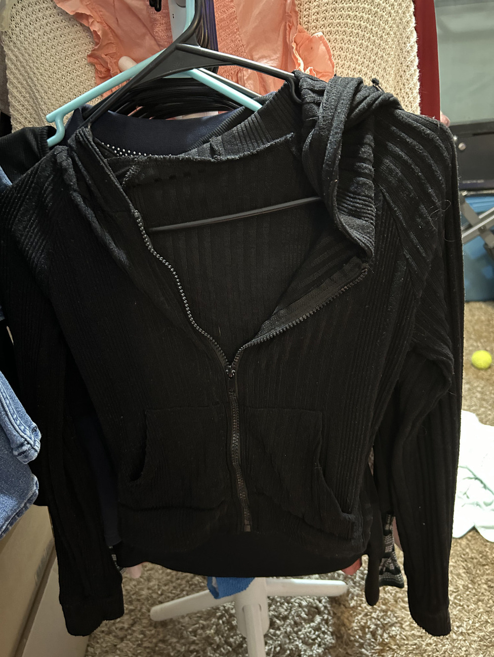 Black Ribbed Zip-Up Hoodie Sweater Size 4